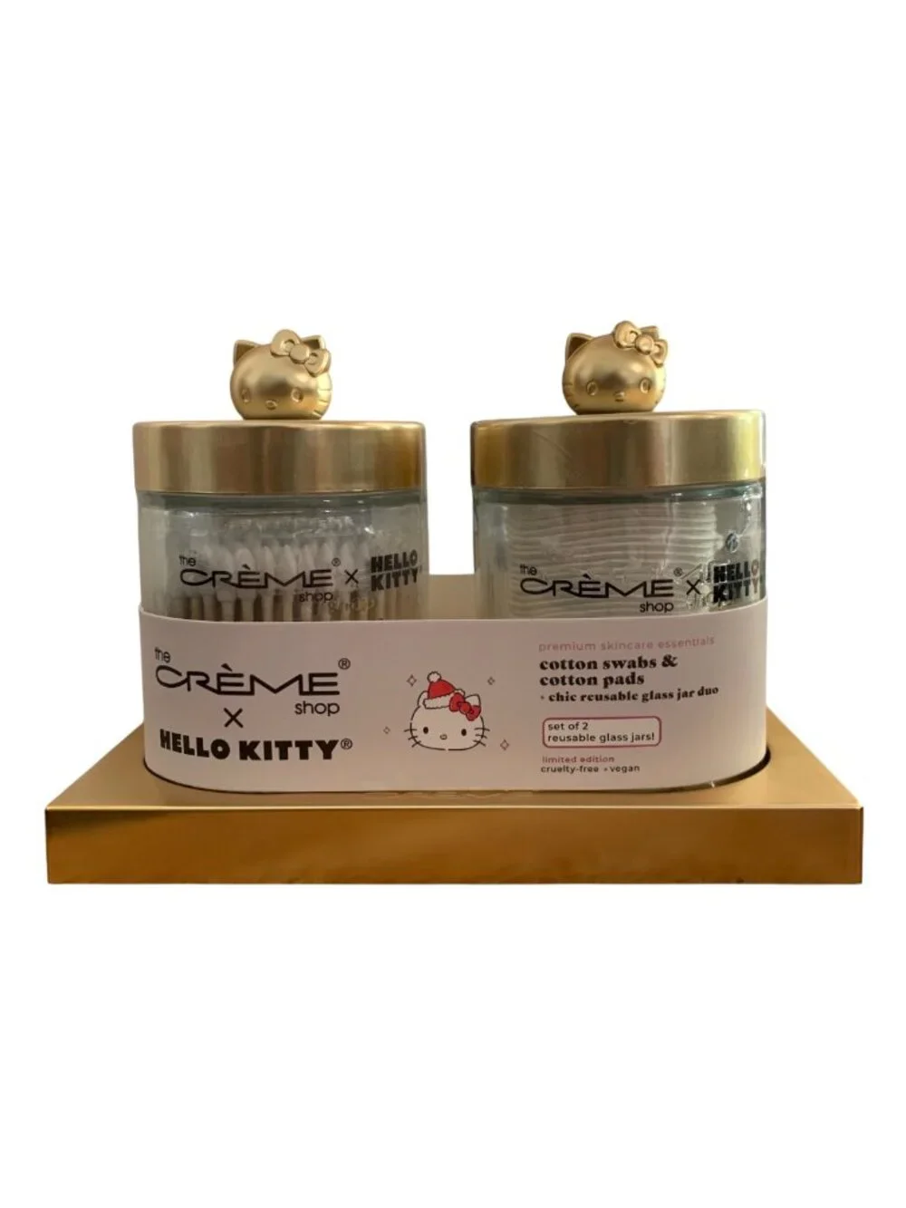 The Crème Shop x Hello Kitty Glass Jars & Base Set Cotton Pads & Swabs Gold New